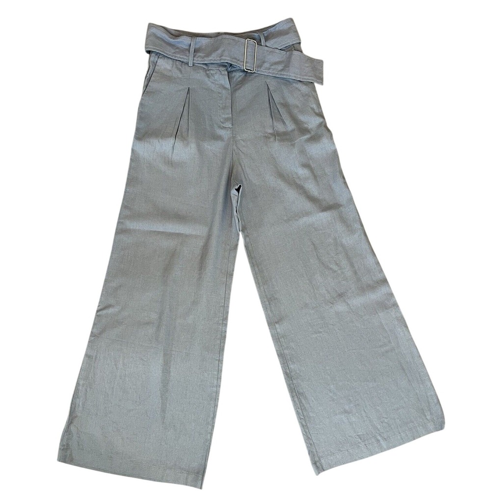 House of Harlow 1960 Trousers Women 2 Blue Linen Belted Wide Leg High Rise Pants